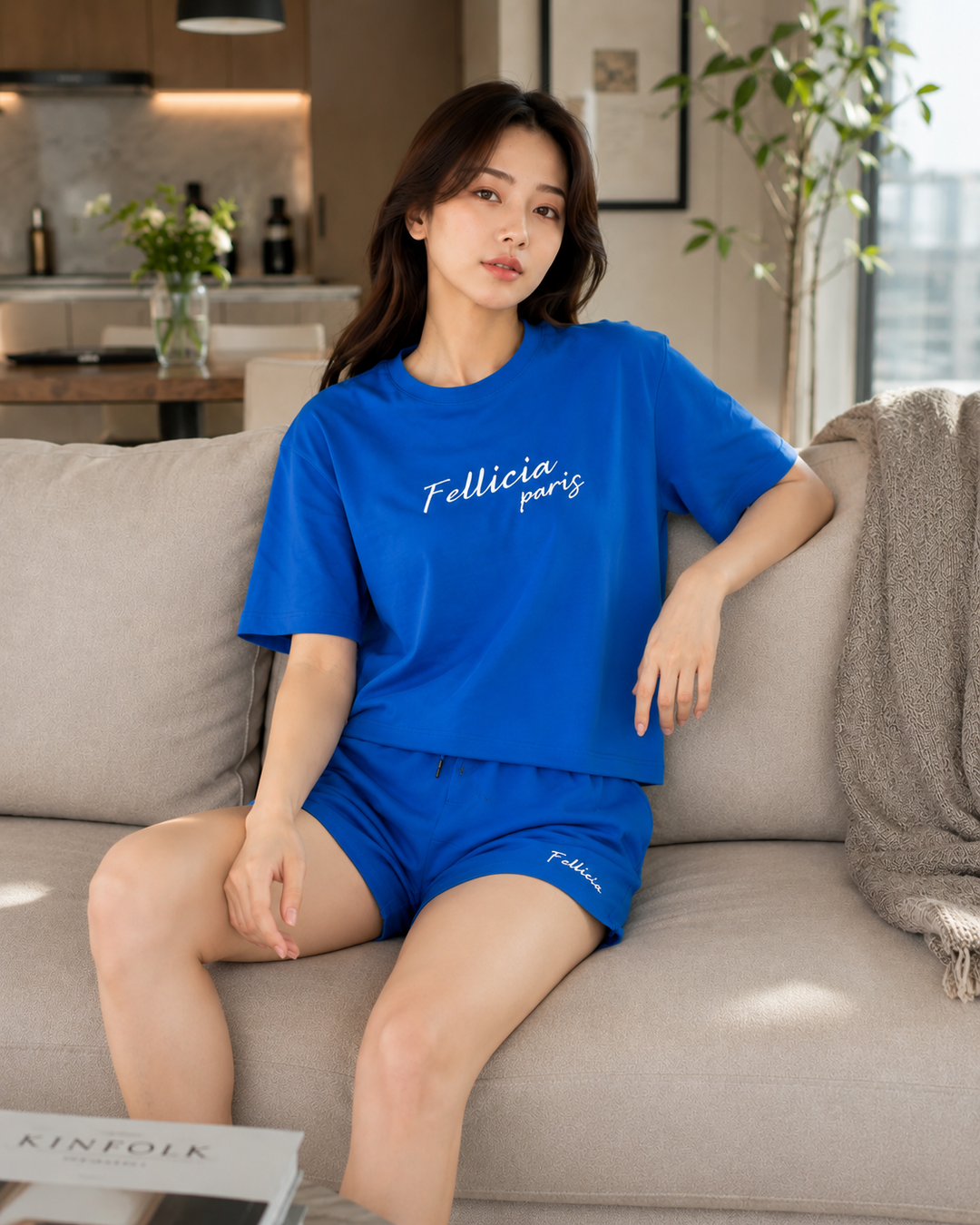 100% Cotton Loop Knit Tee & Shorts Co-ord Set - AZURE BLUE