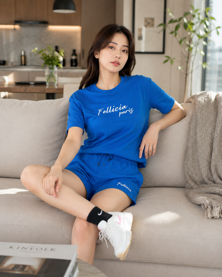 100% Cotton Loop Knit Tee & Shorts Co-ord Set - AZURE BLUE