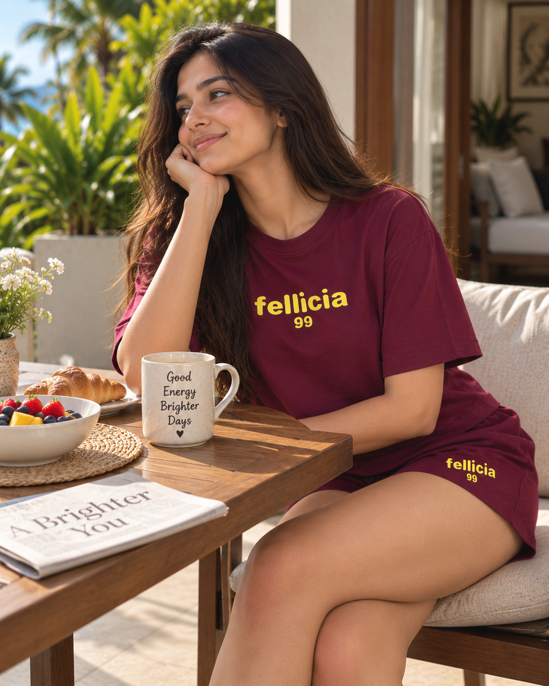 100% Cotton Loop Knit Tee & Shorts Co-ord Set - MAROON
