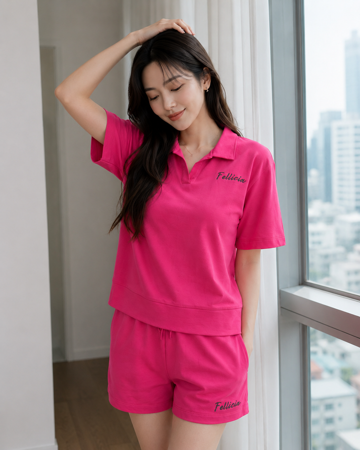 100% Cotton Loop Knit POLO & Shorts Co-ord Set - Fuchsia pink