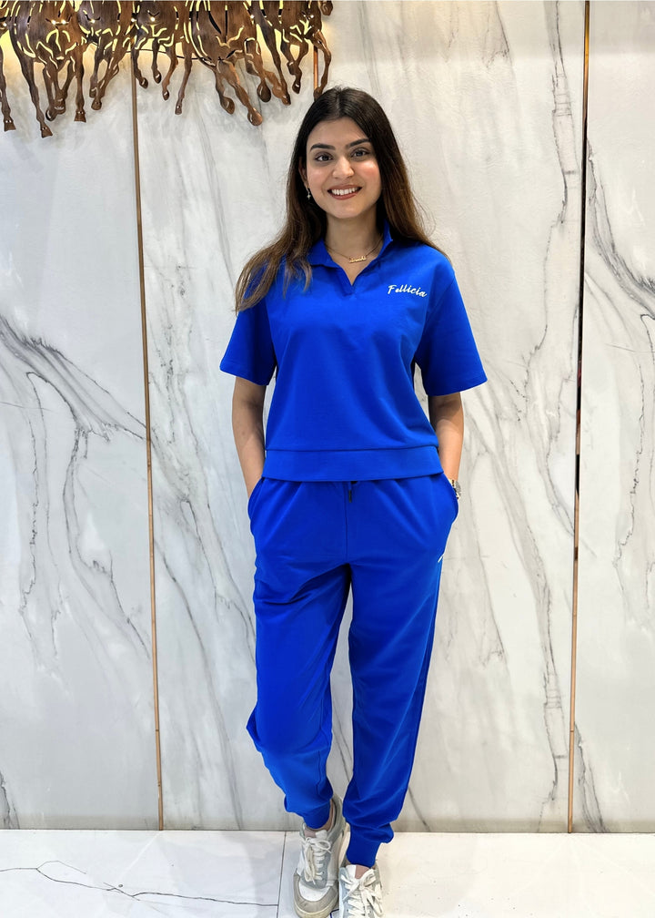 Co-ord Set (Electric Blue) French Polo T-shirt & Joggers for Women