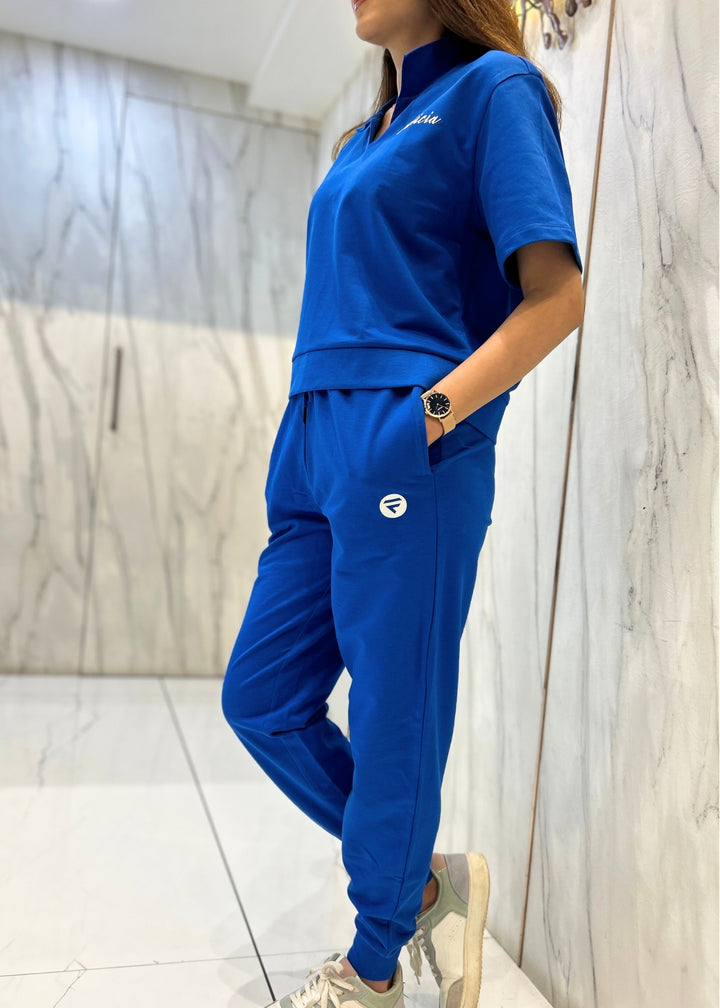 Co-ord Set (Electric Blue) French Polo T-shirt & Joggers for Women