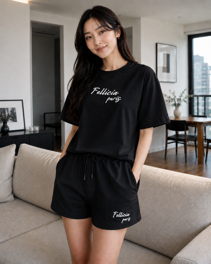 100% Cotton Loop Knit Tee & Shorts Co-ord Set - Black