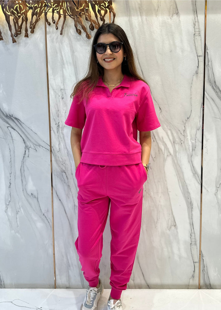 Co-ord Set (Fuchsia Pink) French Polo T-shirt & Joggers for Women