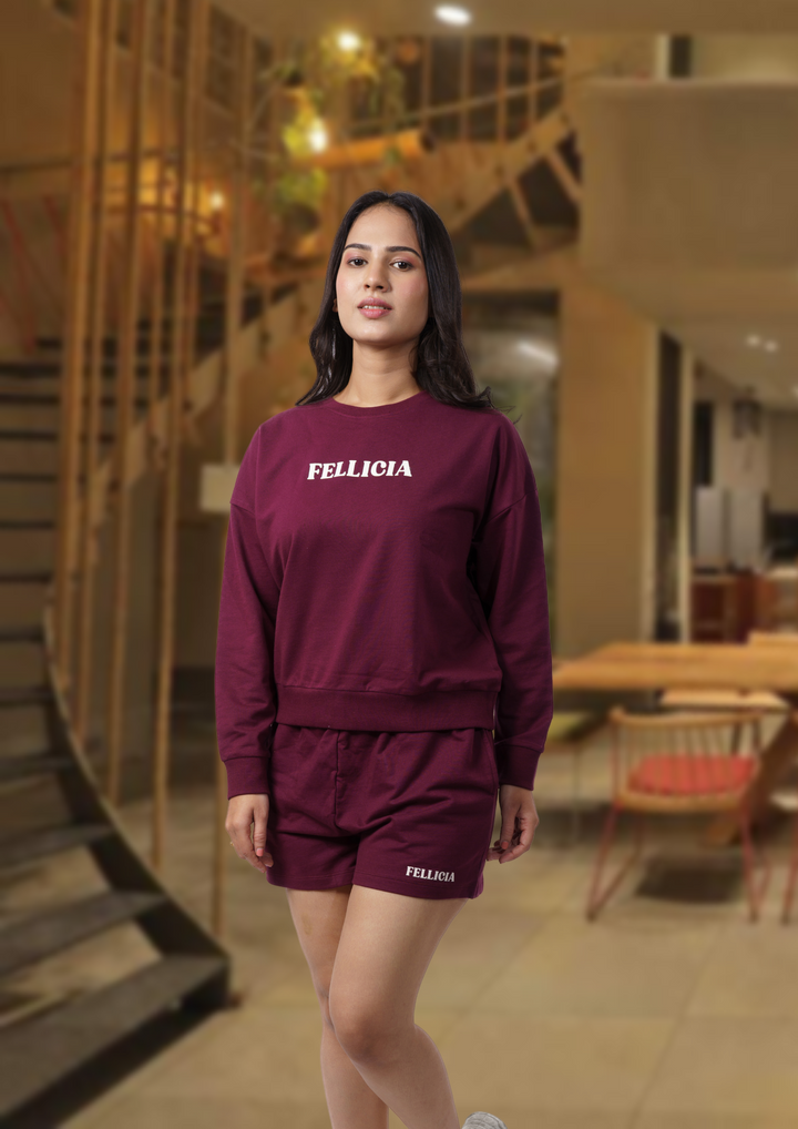 Women's Sweatshirt & Shorts Co-ord Set (Maroon)