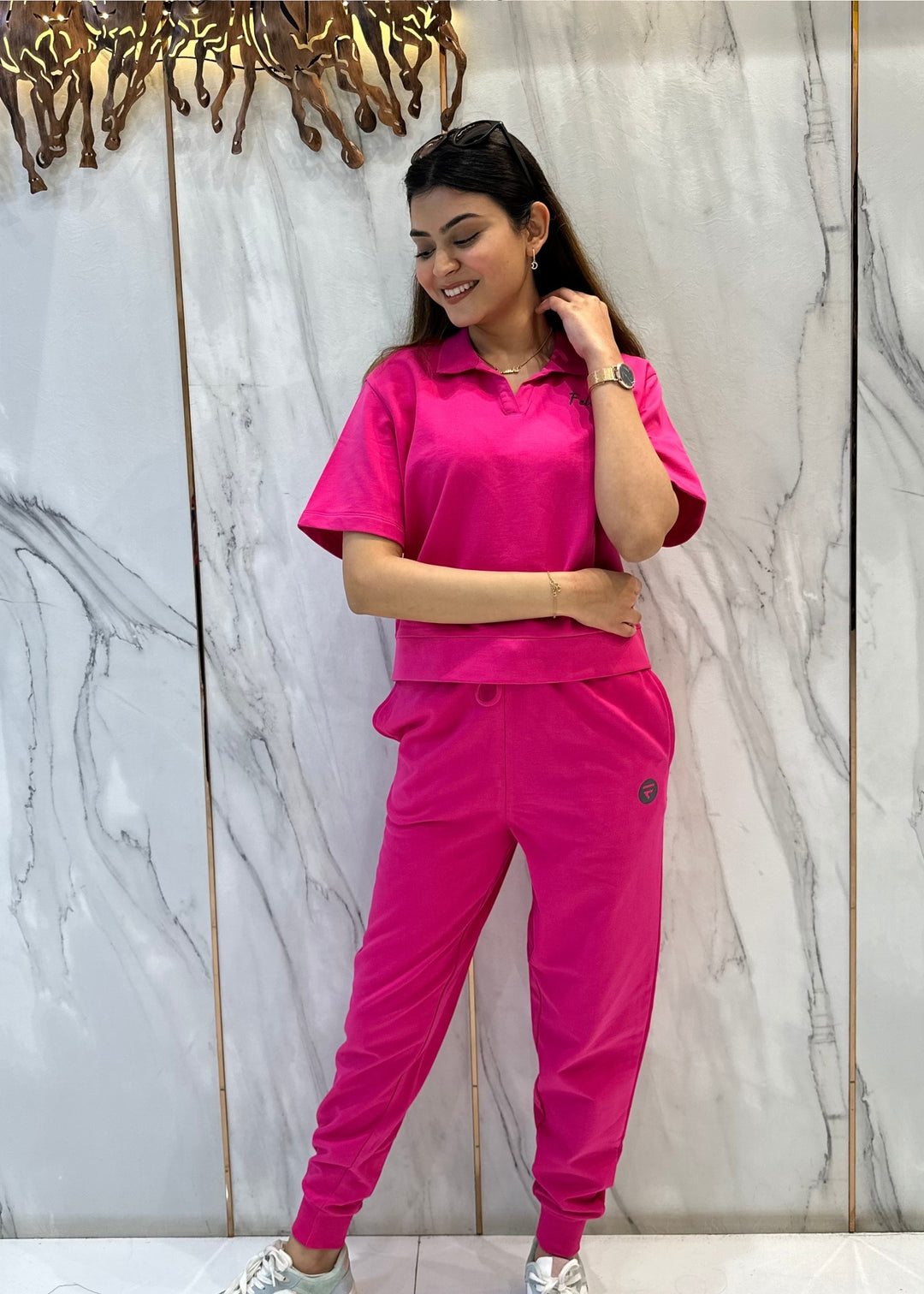 Co-ord Set (Fuchsia Pink) French Polo T-shirt & Joggers for Women