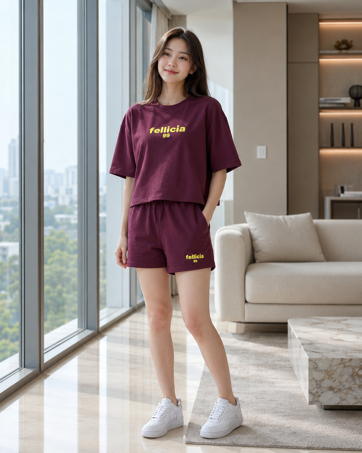 100% Cotton Loop Knit Tee & Shorts Co-ord Set - MAROON