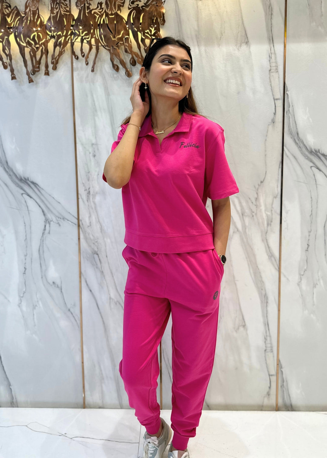 Co-ord Set (Fuchsia Pink) French Polo T-shirt & Joggers for Women