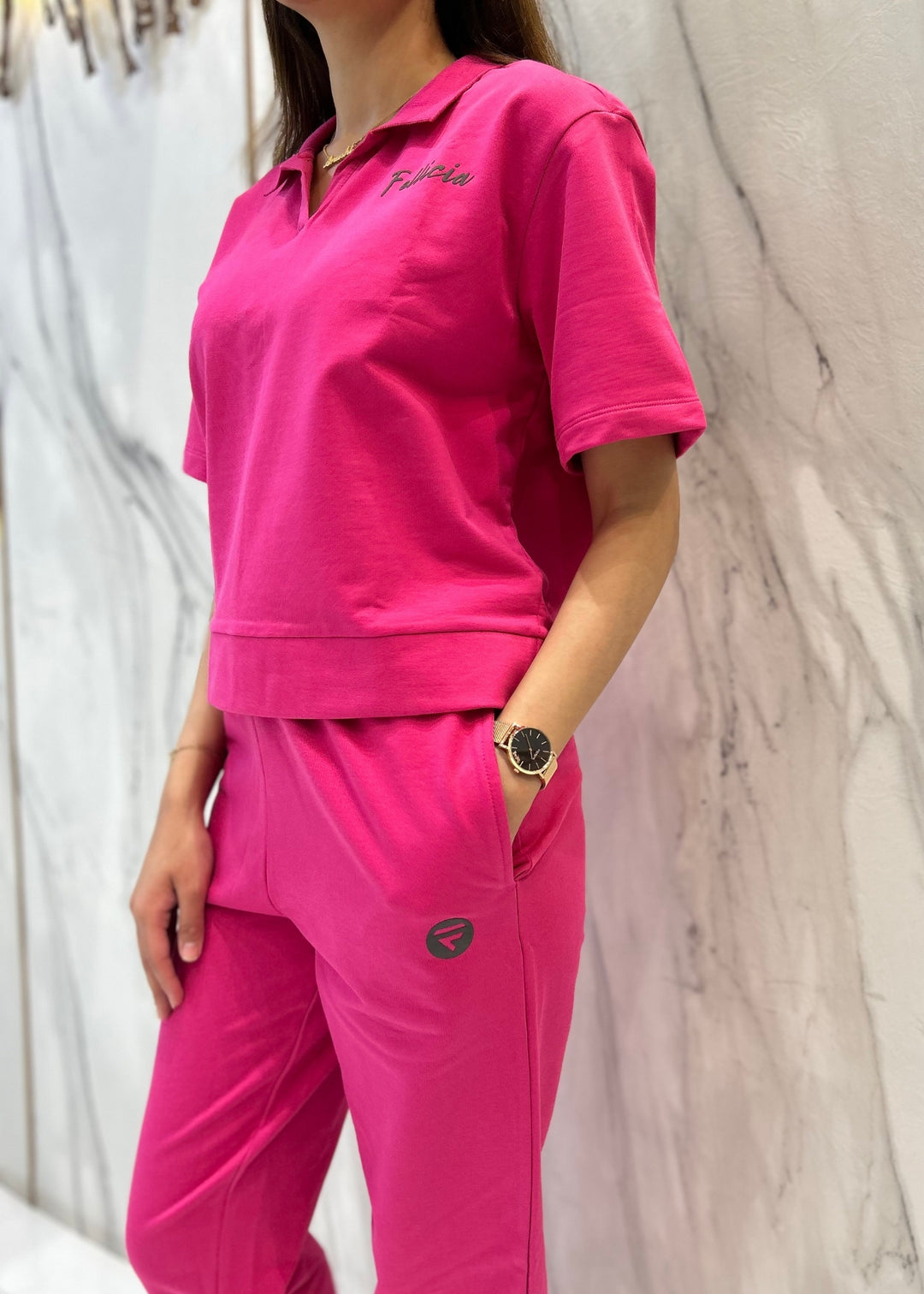 Co-ord Set (Fuchsia Pink) French Polo T-shirt & Joggers for Women