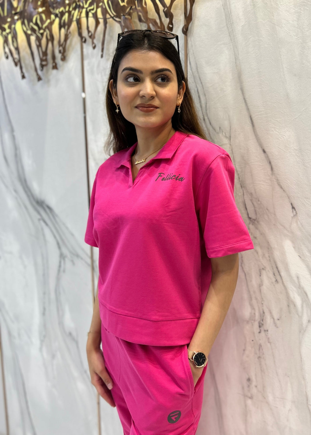 Co-ord Set (Fuchsia Pink) French Polo T-shirt & Joggers for Women