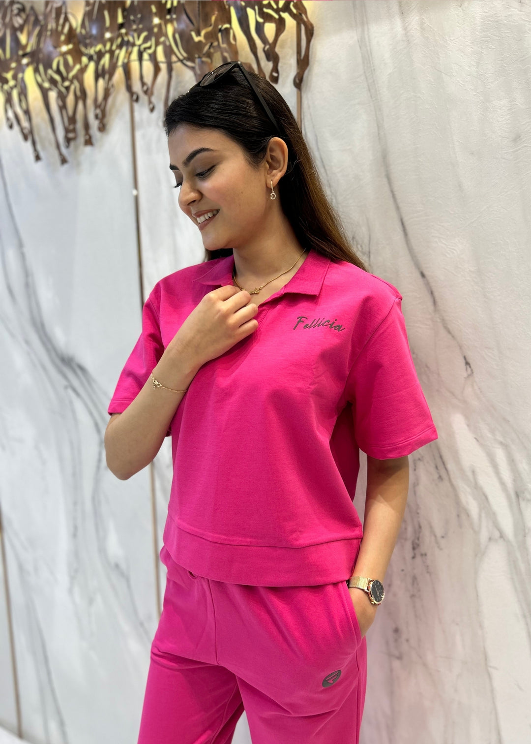 Co-ord Set (Fuchsia Pink) French Polo T-shirt & Joggers for Women