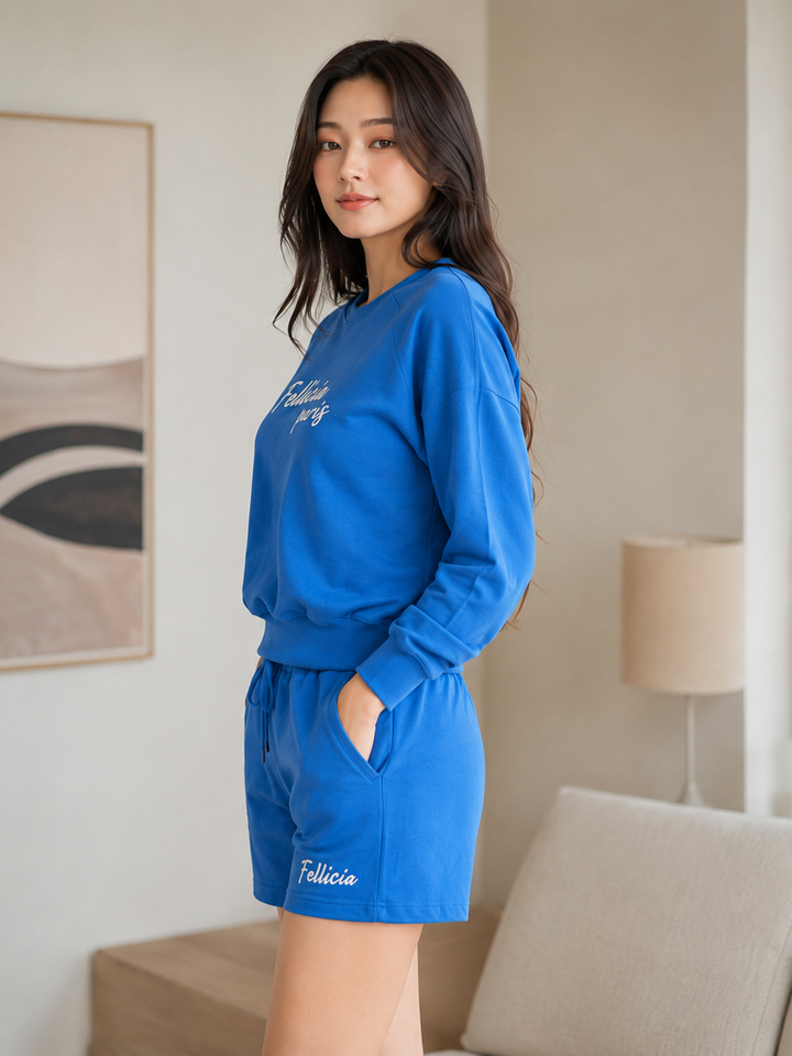100% Cotton Loop Knit Sweatshirt & Shorts Co-ord Set – AZURE BLUE