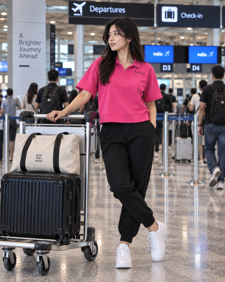 SweatTee& Jogger Vacation Set (Fuchsia PINK-Black)