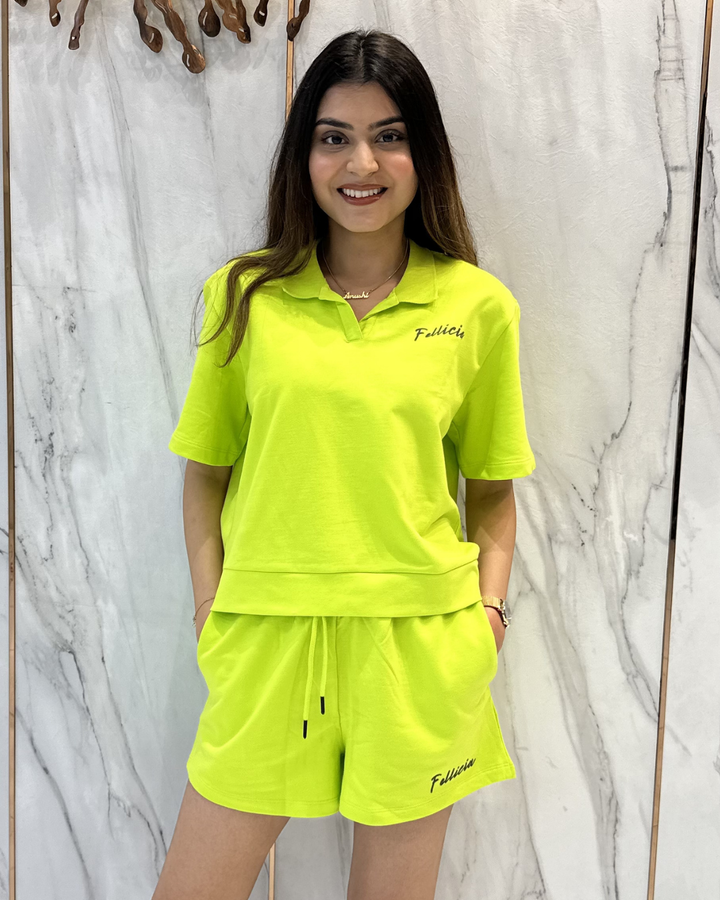 100% Cotton Loop Knit POLO & Shorts Co-ord Set - LIME GREEN
