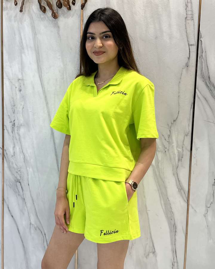 100% Cotton Loop Knit POLO & Shorts Co-ord Set - LIME GREEN
