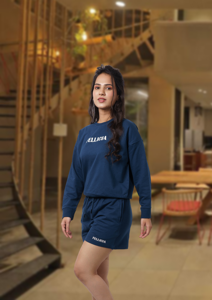 Women's Sweatshirt & Shorts Co-ord Set (Navy Blue)