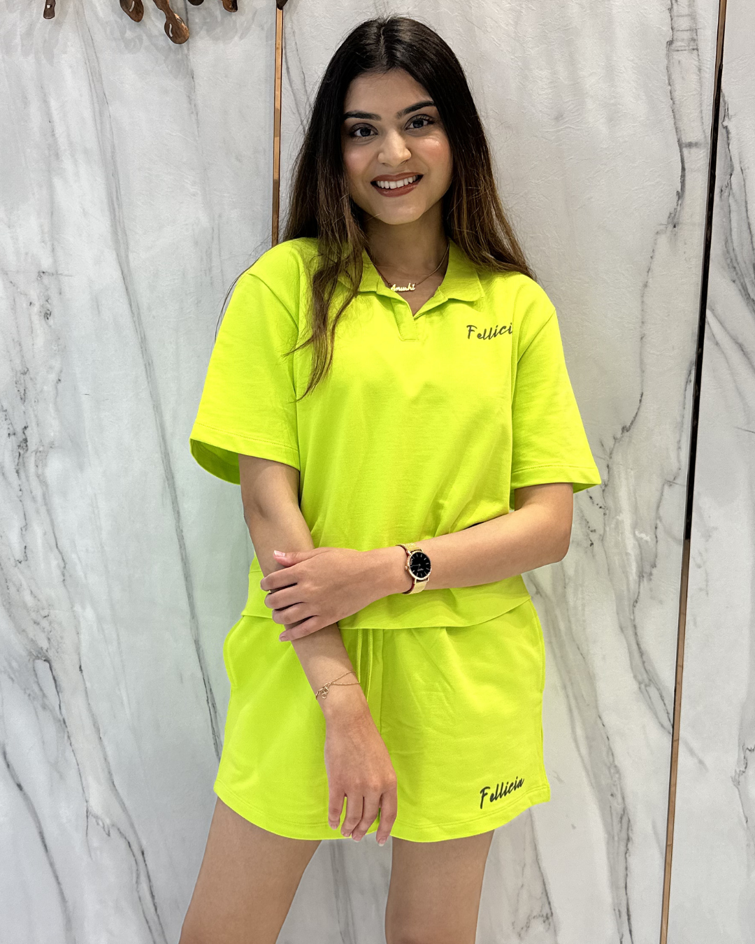 100% Cotton Loop Knit POLO & Shorts Co-ord Set - LIME GREEN