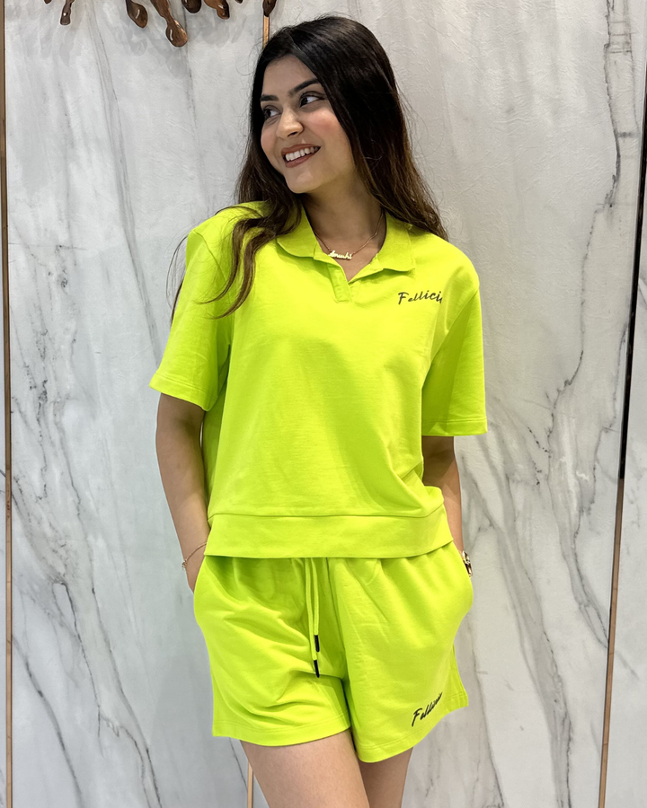 100% Cotton Loop Knit POLO & Shorts Co-ord Set - LIME GREEN