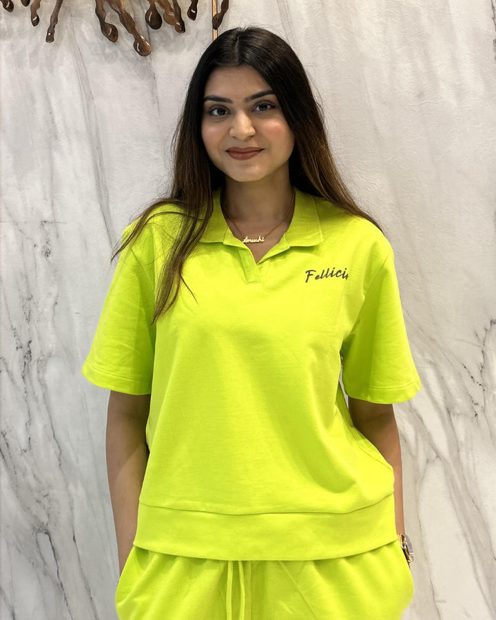 100% Cotton Loop Knit POLO & Shorts Co-ord Set - LIME GREEN