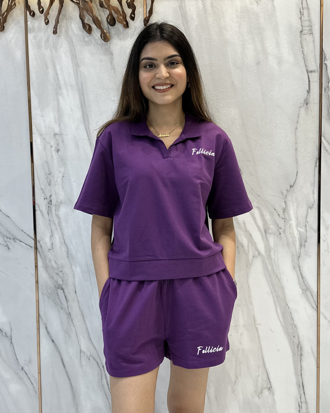 100% Cotton Loop Knit POLO & Shorts Co-ord Set - PURPLE