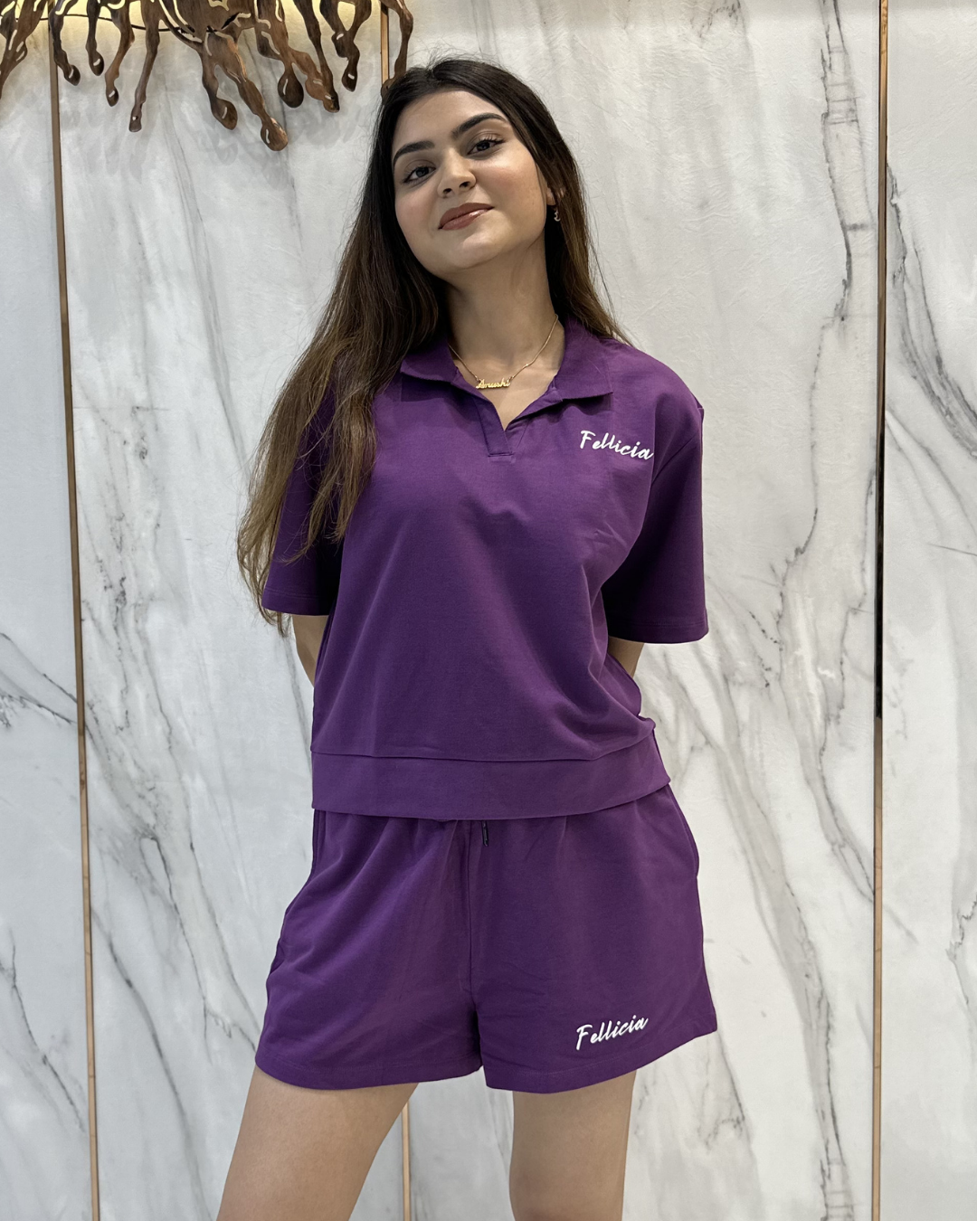 100% Cotton Loop Knit POLO & Shorts Co-ord Set - PURPLE