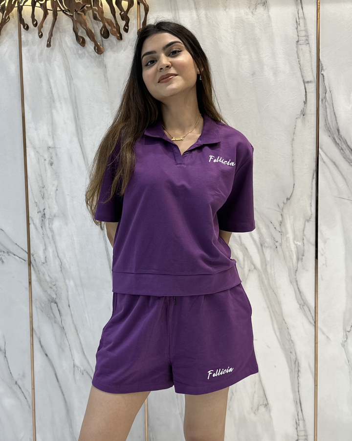 100% Cotton Loop Knit POLO & Shorts Co-ord Set - PURPLE
