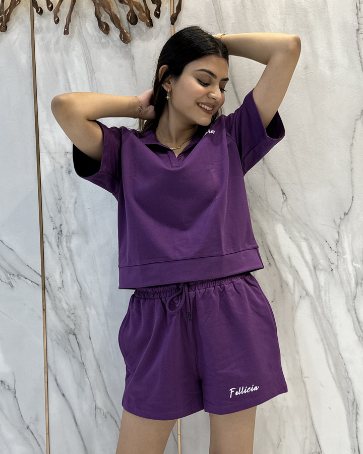 100% Cotton Loop Knit POLO & Shorts Co-ord Set - PURPLE