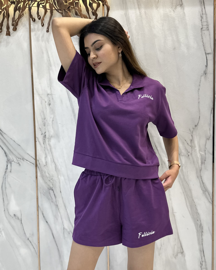 100% Cotton Loop Knit POLO & Shorts Co-ord Set - PURPLE