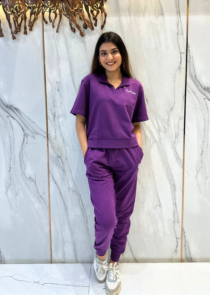 Co-ord Set (Purple) French Polo T-shirt & Joggers for Women