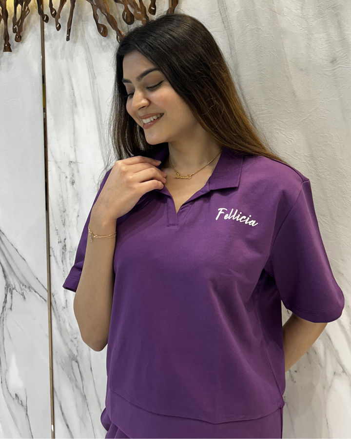 100% Cotton Loop Knit POLO & Shorts Co-ord Set - PURPLE