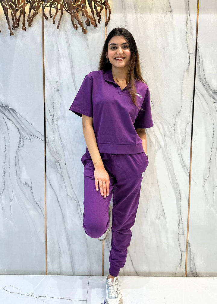 Co-ord Set (Purple) French Polo T-shirt & Joggers for Women