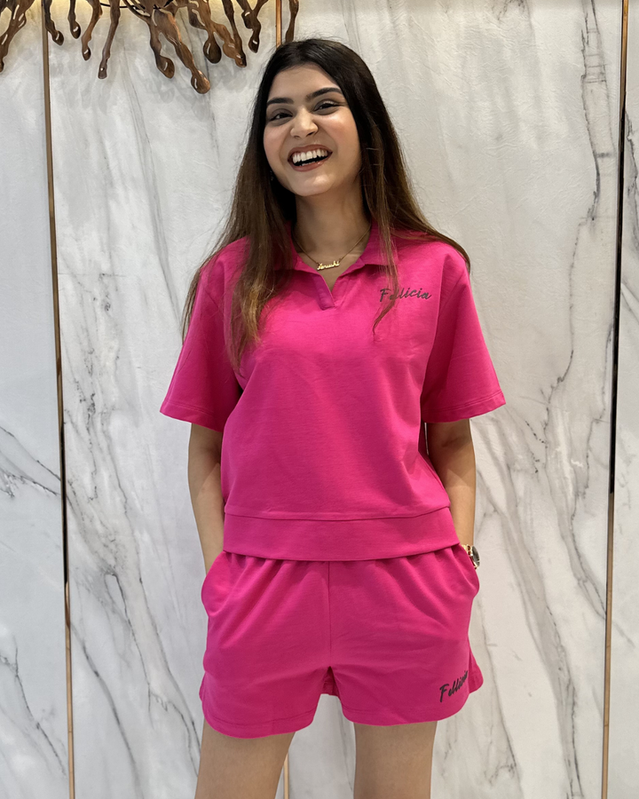 100% Cotton Loop Knit POLO & Shorts Co-ord Set - Fuchsia pink