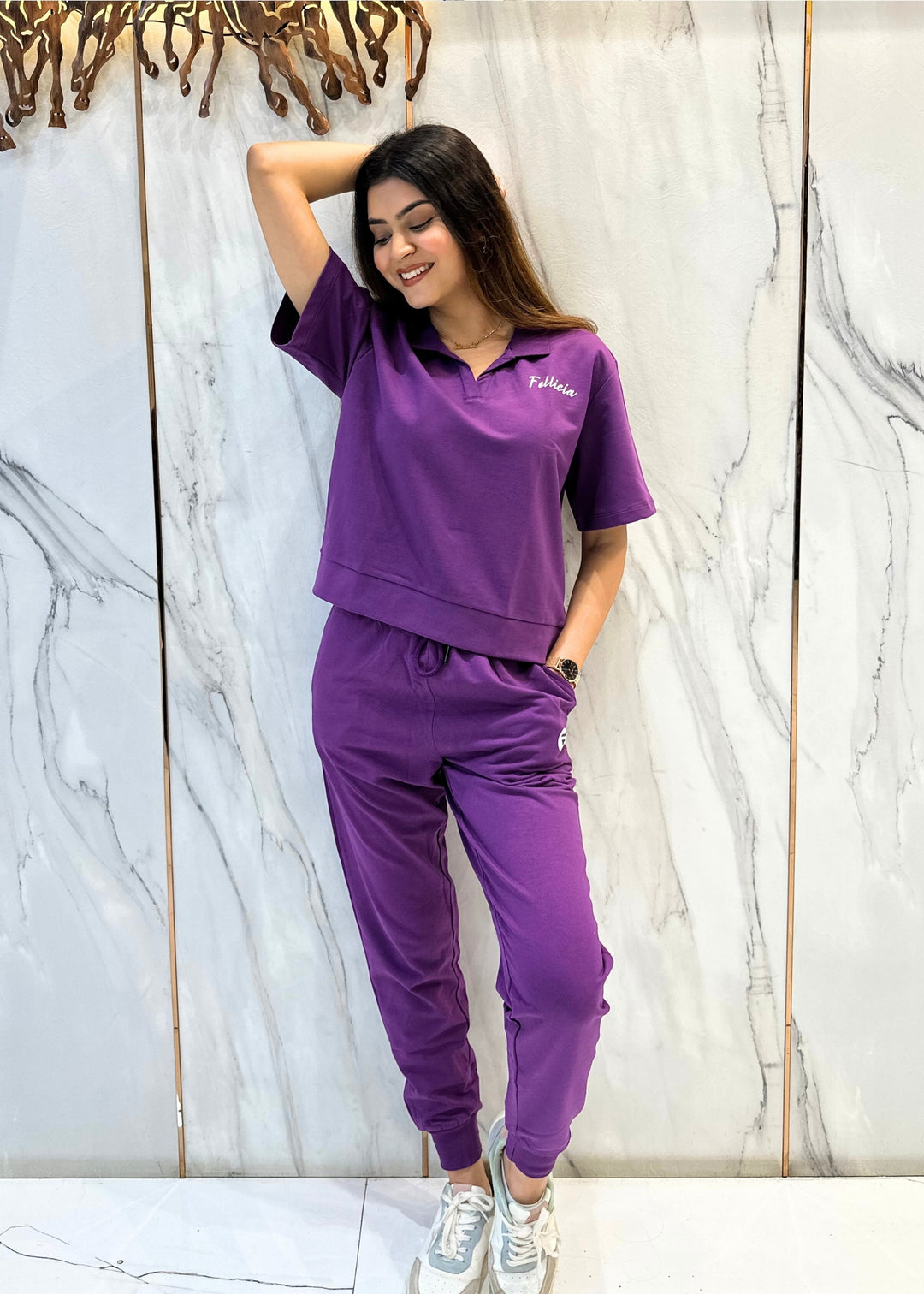 Co-ord Set (Purple) French Polo T-shirt & Joggers for Women