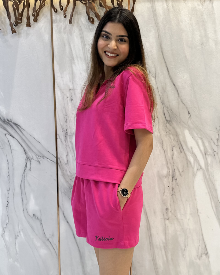 100% Cotton Loop Knit POLO & Shorts Co-ord Set - Fuchsia pink