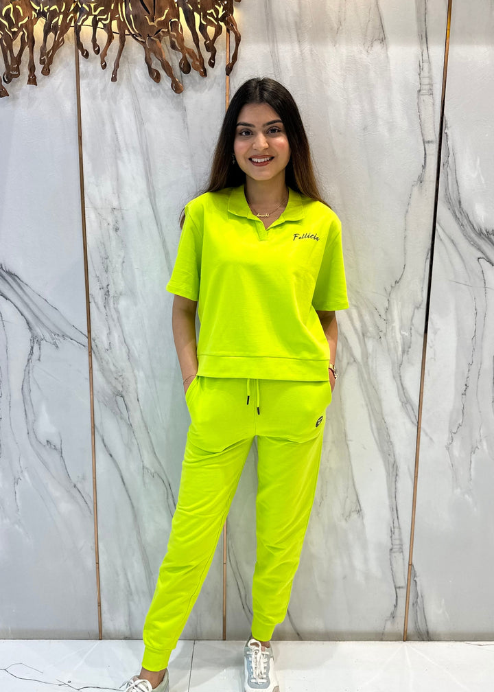 Co-ord Set (Lime Green) French Polo T-shirt & Joggers for Women