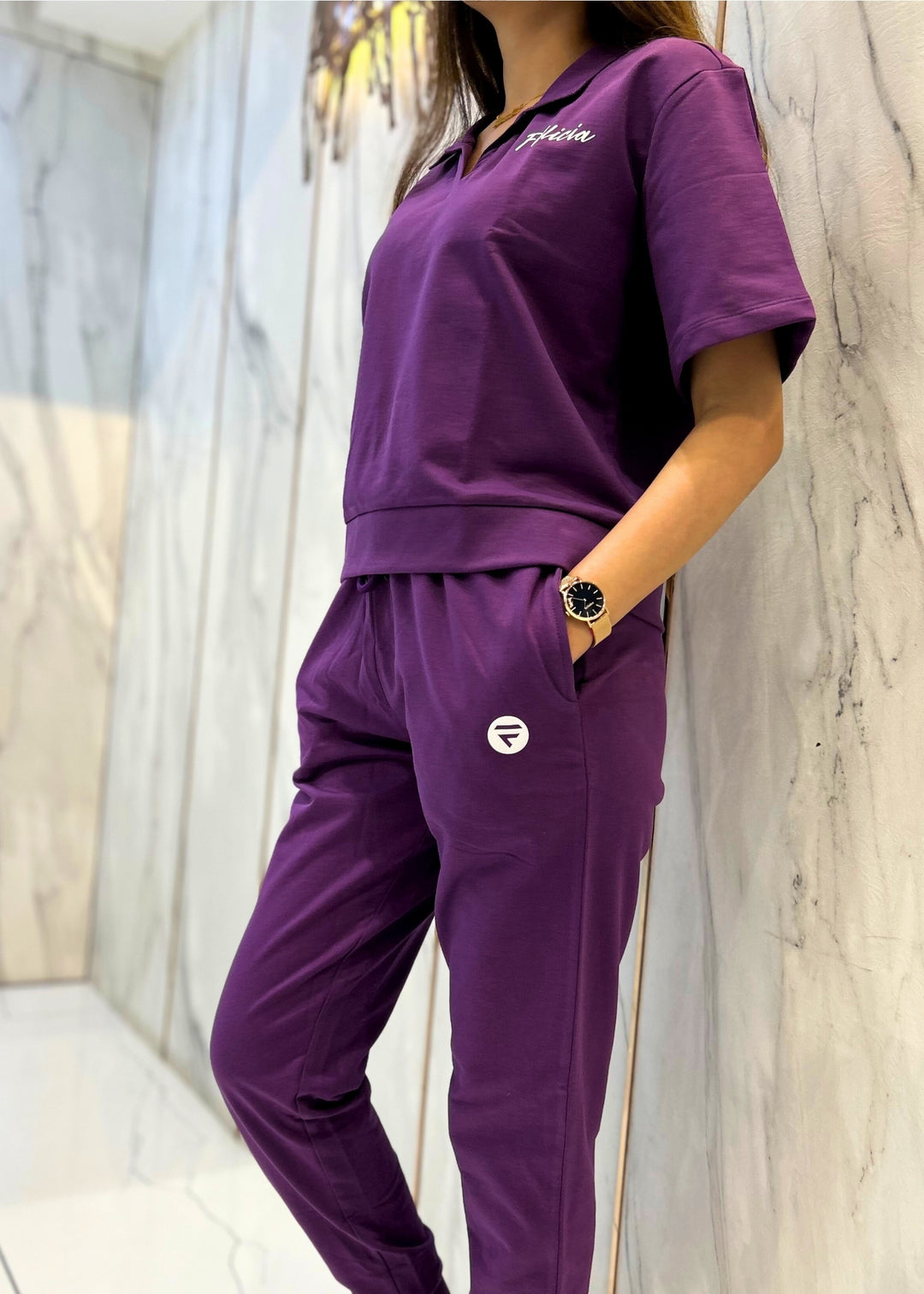 Co-ord Set (Purple) French Polo T-shirt & Joggers for Women