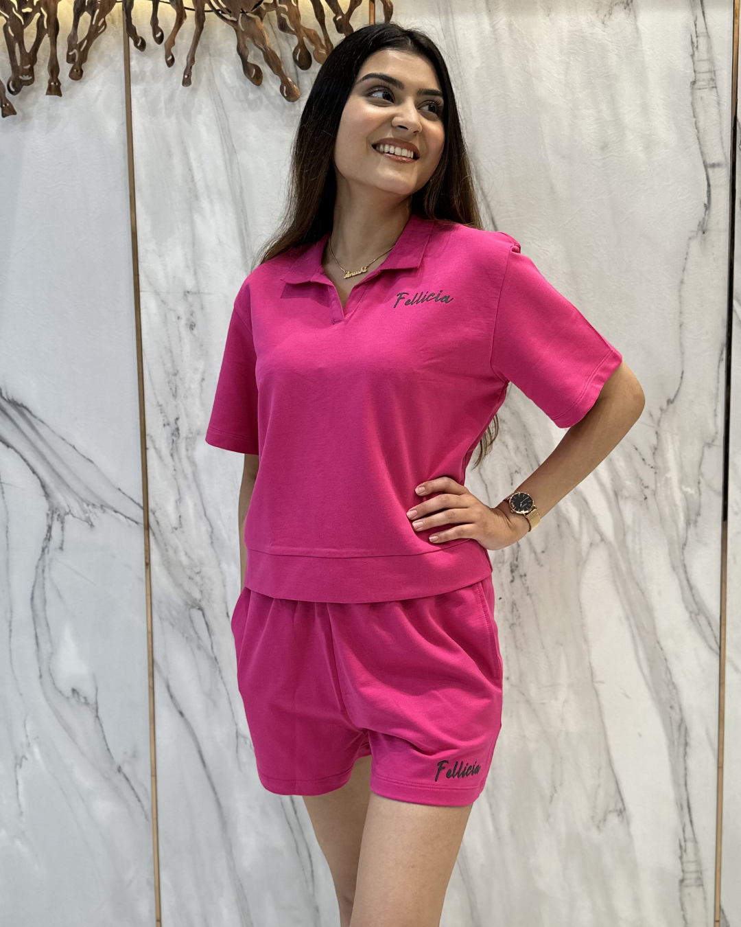 100% Cotton Loop Knit POLO & Shorts Co-ord Set - Fuchsia pink