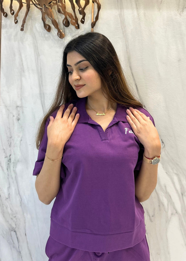 Co-ord Set (Purple) French Polo T-shirt & Joggers for Women