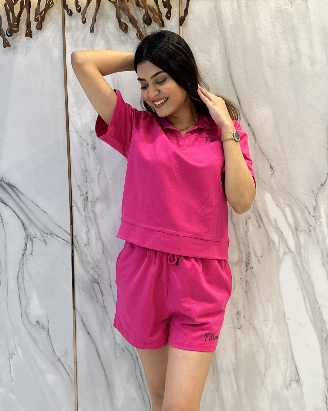 100% Cotton Loop Knit POLO & Shorts Co-ord Set - Fuchsia pink