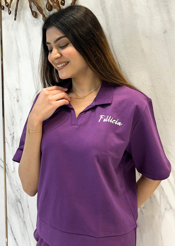 Co-ord Set (Purple) French Polo T-shirt & Joggers for Women