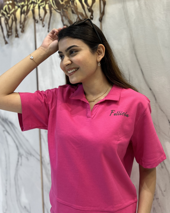100% Cotton Loop Knit POLO & Shorts Co-ord Set - Fuchsia pink