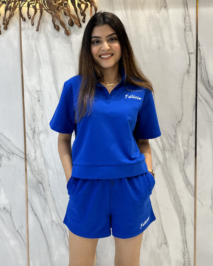 100% Cotton Loop Knit POLO & Shorts Co-ord Set - AZURE BLUE