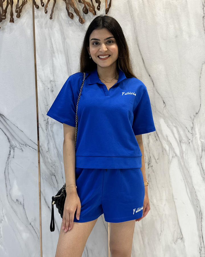 100% Cotton Loop Knit POLO & Shorts Co-ord Set - AZURE BLUE