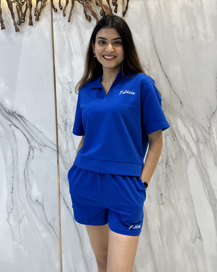 100% Cotton Loop Knit POLO & Shorts Co-ord Set - AZURE BLUE