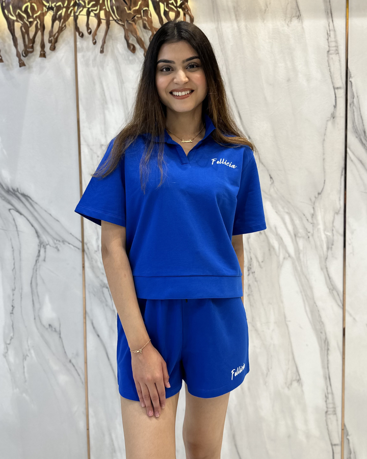 100% Cotton Loop Knit POLO & Shorts Co-ord Set - AZURE BLUE