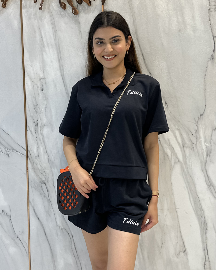 100% Cotton Loop Knit POLO & Shorts Co-ord Set - BLACK
