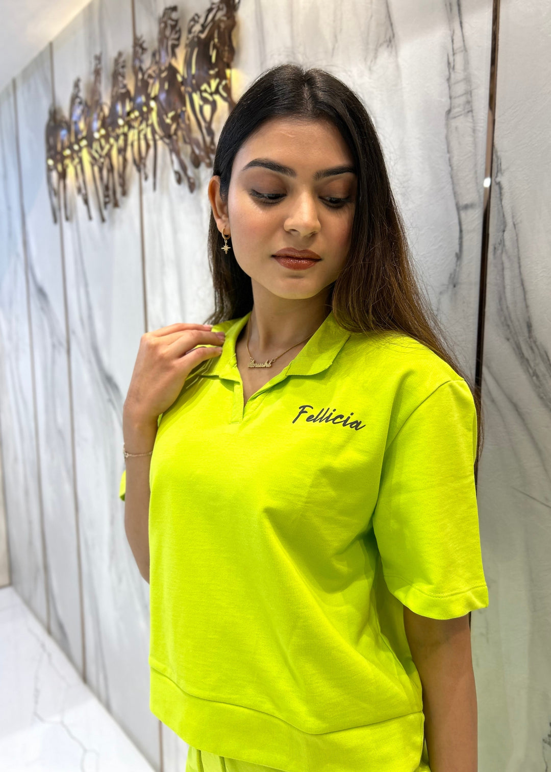 Co-ord Set (Lime Green) French Polo T-shirt & Joggers for Women