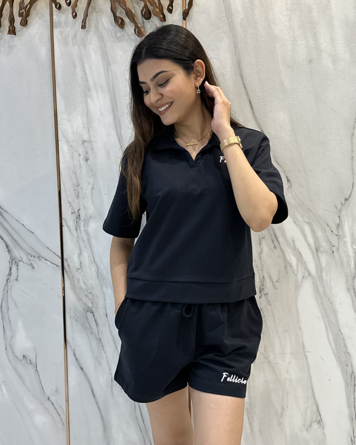 100% Cotton Loop Knit POLO & Shorts Co-ord Set - BLACK