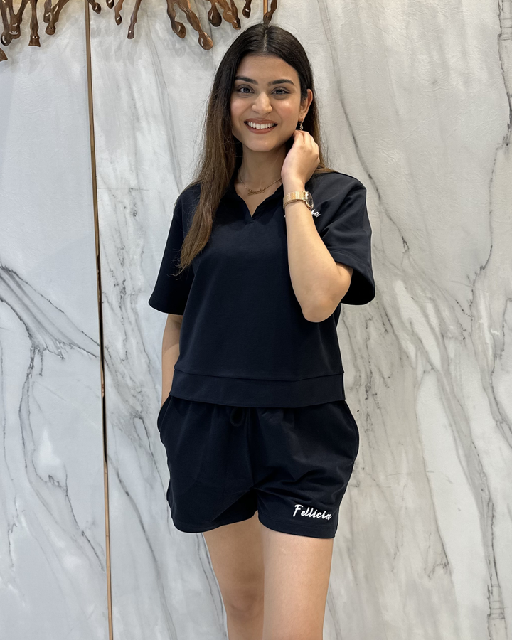 100% Cotton Loop Knit POLO & Shorts Co-ord Set - BLACK