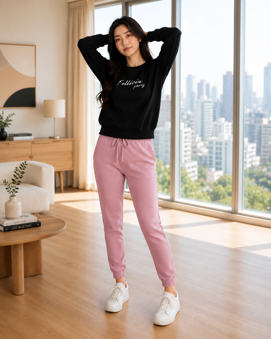 Sweatshirt & Jogger Vacation Set (Black_Dusty Pink)